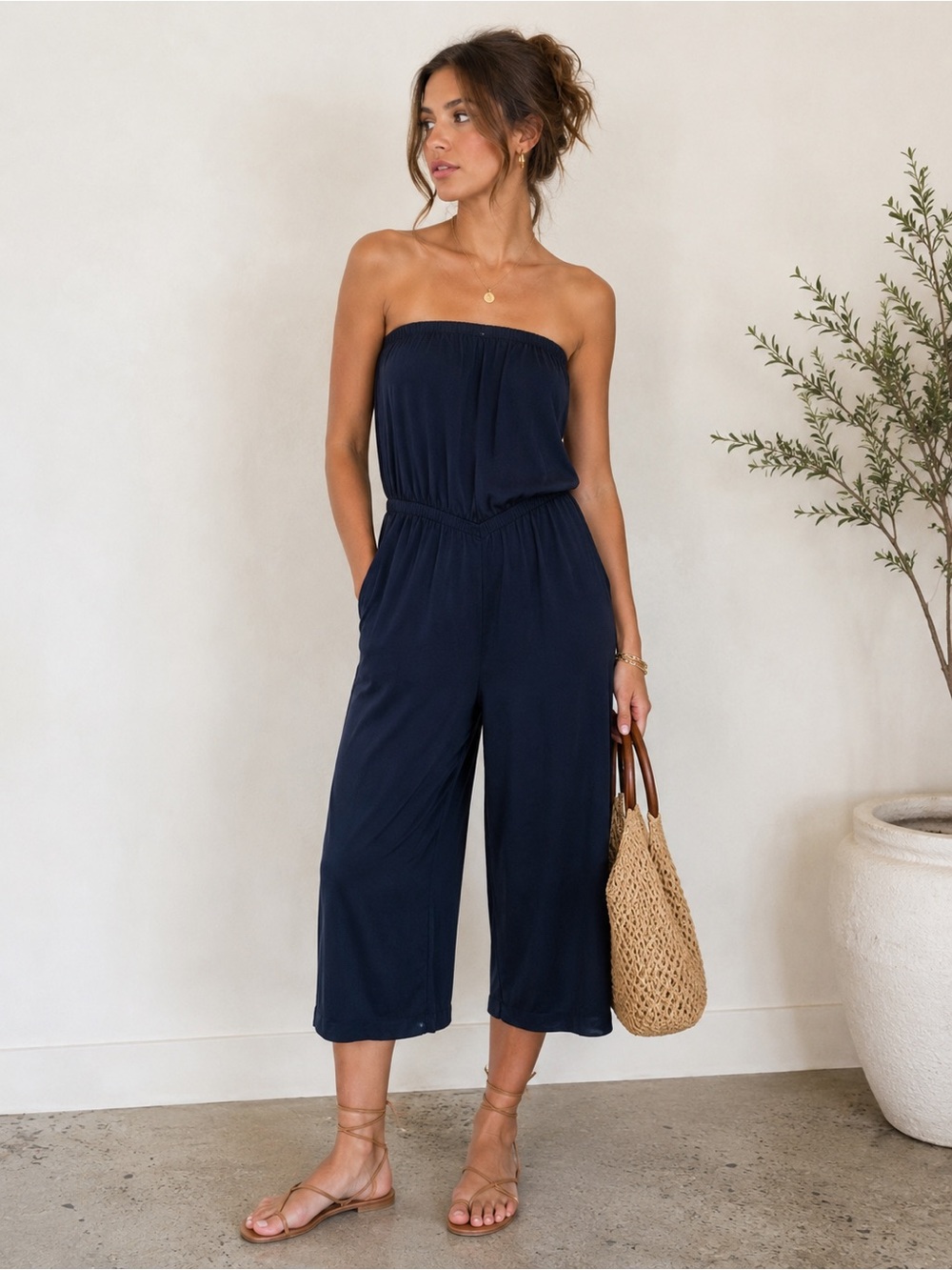Urban Outfitters Navy Strapless Wide-Leg Cropped Jumpsuit Size S Festival